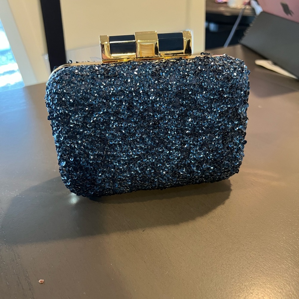 NWT navy blue sequin clutch with accessory chain